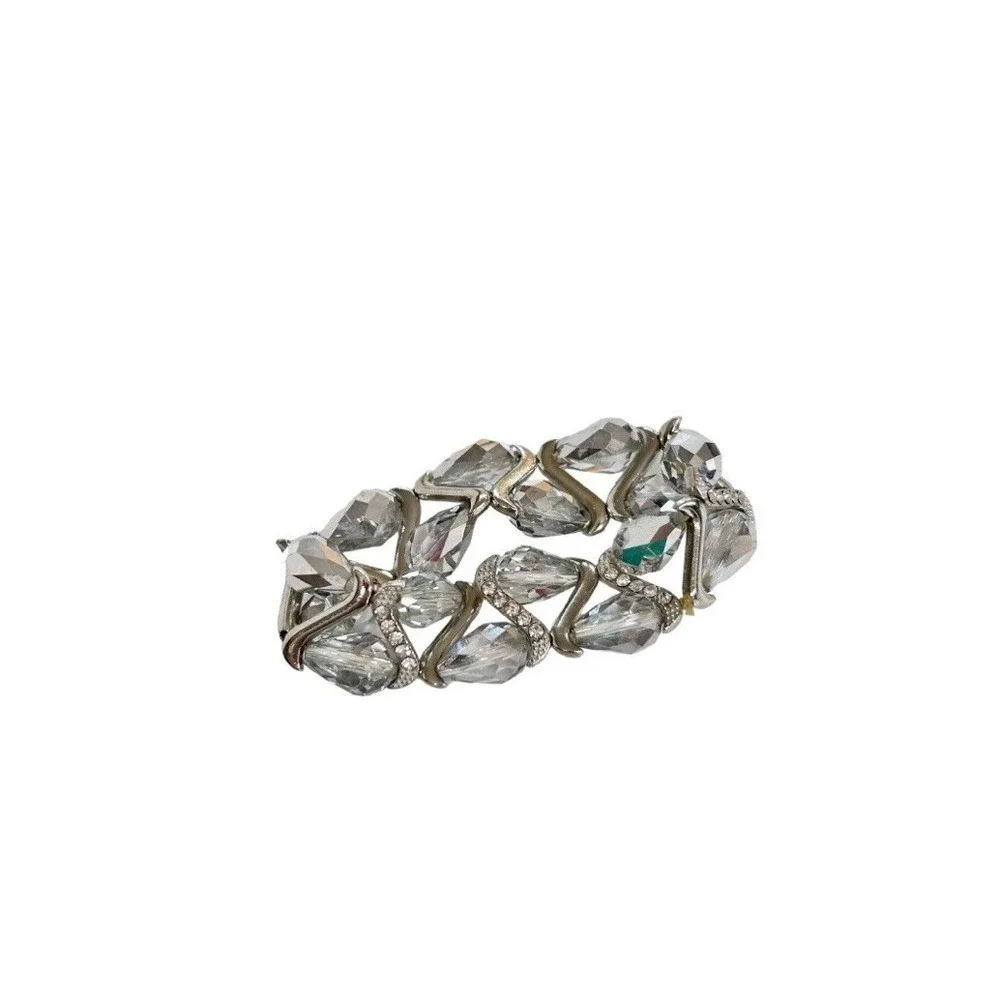 Vintage Silvertone‎ Faceted Beaded Sparkly Rhinestones Stretch Bracelet Sparkle